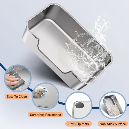 Qiuma Stainless Steel Cat Litter Box with Low Entry, Large Metal Kitty Litter Box for Senior or Injured Cats, Odor-Free, Non-Stick, Easy to Clean, 23.4x15.6x7.8, for Multiple Cats