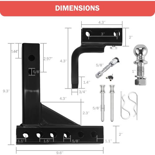 OPENROAD Adjustable Trailer Hitch Ball Mount - Fits 2-Inch Receiver, 2 Tow Balls, 7500lbs, 9-1/2 Drop/ 8-1/4 Rise, Heavy Duty Truck Hitch with Stainless Steel Pins and Lock