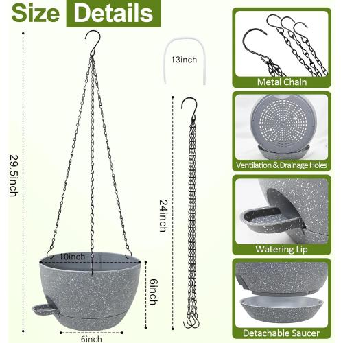 WOUSIWER Self Watering Hanging Planters, 2 Pack 10'' Plastic Pots with Drainage Holes & Reservoir Tray (Speckled Grey) | Indoor & Outdoor Use for Ferns, Ivy, Herbs, Succulents