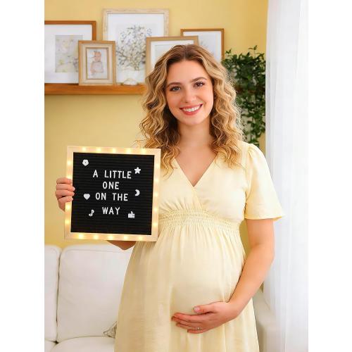 Changeable Felt Letter Board with LED Lights - 10×10 Message Custom Signs & Wood Stand& 450 Letters, Poster Board for Baby/Pregnancy Announcement/Classroom Wall Decor Gifts First Day of School, Black