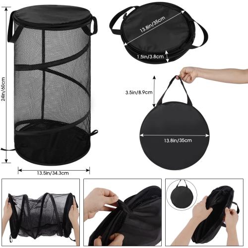 BATTOO Large Collapsible Laundry Basket with Lid Foldable Mesh Pop Up Hamper with Handles for Laundry Room, Bathroom, Kids Room, College Dorm, Travel, Storage Organizer Black