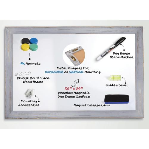 Real Wooden Framed Magnetic Dry Erase Whiteboard, 24 X 36, Vertical/Horizontal Wall Mount, Includes Black Marker, Eraser and 4 Magnets, by Better Office Products (Gray Wash)