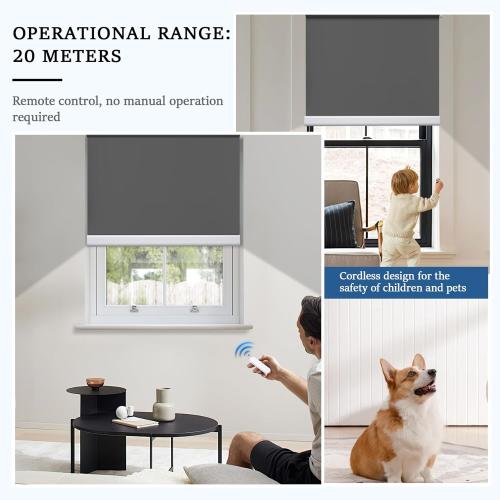 Grandekor Motorized Roller Shade with Remote Control, Motorized Blinds100% Blackout Electric Shades, Cordless Window Blinds Shades for Bedroom Living Room Office,Dark Grey,