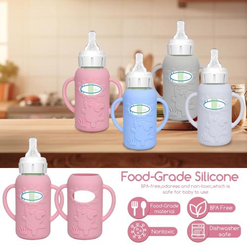 WAJIAYON 4 Pack Silicone Sleeves for Dr. Brown's Glass Baby Bottles -Drop Protection Easy-Grip Baby Bottle Sleeves Holder with Handles, Compatible with Dr. Brown's Newborn Glass Bottles 4 oz/120 ml