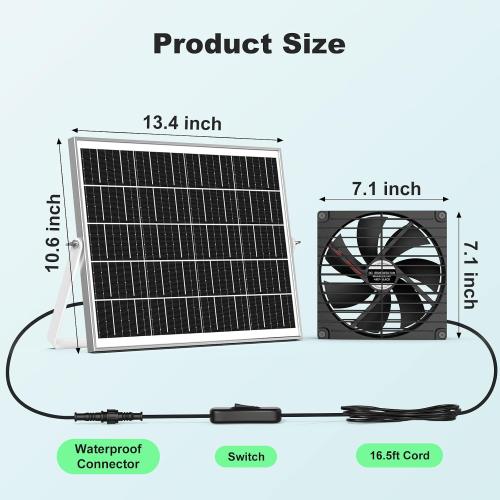 7.1 Large Solar Greenhouse Fan, 25W Solar Powered Vent Exhaust and Intake Chicken Coop Fan Outdoor Waterproof, 16.5 ft Cord, Strong Airflow for Shed Doghouse Cabin Ventilation Air Circulation