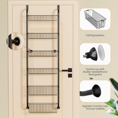 VIVSOL 6-Tier Over the Door Pantry Organizer with 4   2 Full Baskets, Heavy-Duty Metal Hanging Spice Rack for Door Bathroom Kitchen, Closet Storage, Black