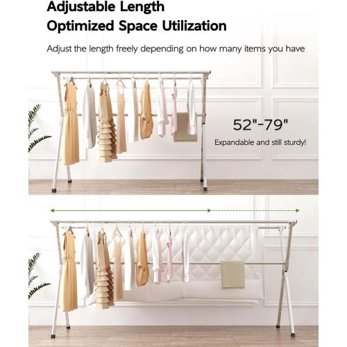 Vikaqi Clothes Drying Rack 79 Inches Folding Indoor Outdoor, Drying Rack Clothing Collapsible, Foldable Laundry Drying Rack, Heavy Duty Stainless Steel Clothesline, Garmet Rack, 20 Hooks 12 Clips