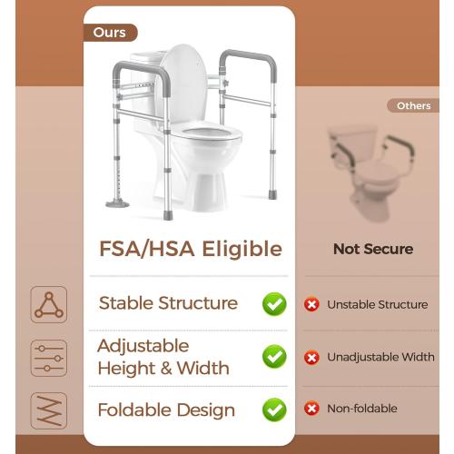 Toilet Safety Rails for Seniors, Adjustable Toilet Handles for Elderly and Disabled, Foldable Handicap Toilet Safety Frame Fit Any Toilets (350 LB)