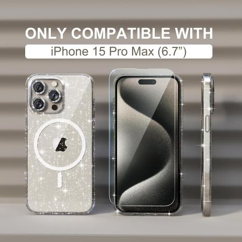 Choiche for iPhone 15 Pro Max Case Magnetic, Women Clear Glitter Bling Sparkly Case, [3xDiamond Camera Lens Protectors] [2xTempered Glass Screen Protectors] [Compatible MagSafe] (Glitter Clear)