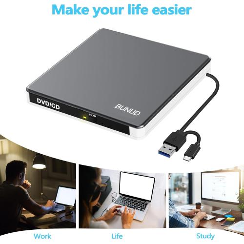 BUNUD External DVD Drive for Mac, Plug & Play Built-in USB/SD/TF Ports Grey