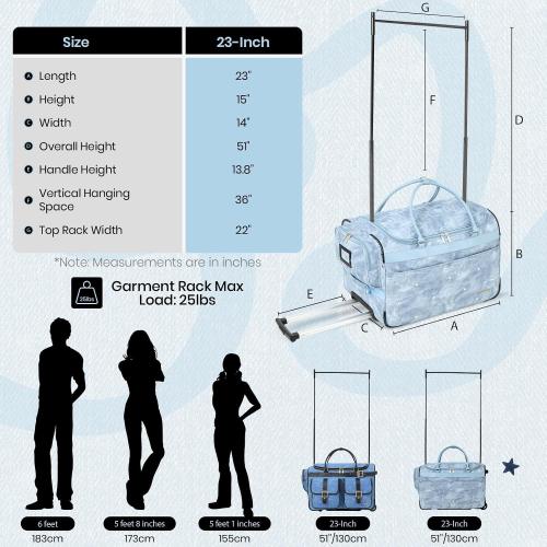 Fanwoli 23 Denim Dance Bag with Garment Rack, Competition Duffel | Creative-Denim Collection|Waterproof|Anti-Tipping Dual-Support Rack|9-Pocket Storage|Silent Wheels|10-Costume Capacity
