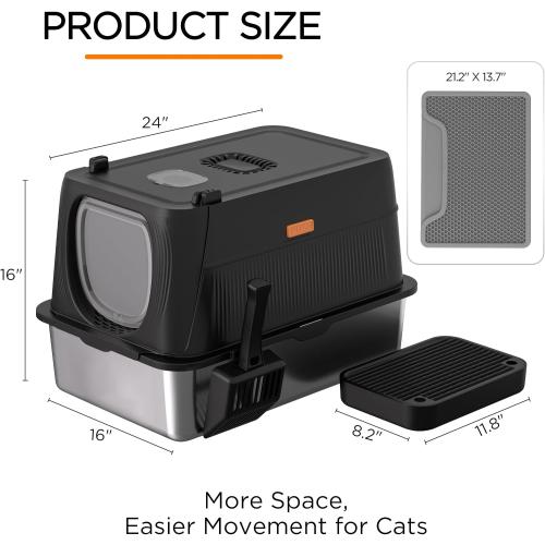 Anywish Stainless Steel Cat Litter Box with Lid, XL Extra Large Enclosed Removable Metal Litter Box with Litter Scoop&Double Layer Litter Mat, Non-Sticky, Non-Odor, Easy Cleaning, for Big Cats, Black