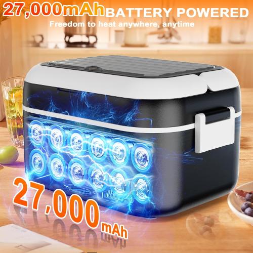 6.3-Cup Cordless Electric Lunch Box for Adults, 27000mAh Heated Lunch Box For Men Battery Powered with Automatic Heating, 100W Self-Heating Portable Food Warmer for Hot Meals Anywhere, Black