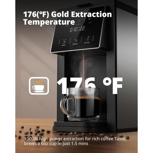 AIRMSEN Grind & Brew Coffee Maker with Built-in Grinder - Single-Serve Machine Compatible with K-Cup Pods & Ground Coffee, 1000W Fast 6-14oz Brew, Descaling Alert, Touchscreen & 50oz Removable Tank