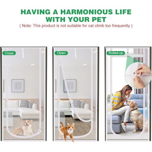 Reinforced Cat Screen Door, 38X83” Heavy Duty Pets Proof Screen Door with Bilateral Zipper, Prevent Dogs Cats Running Out from Home, Bedroom, Living Room, Kitchen Patio Door (White)