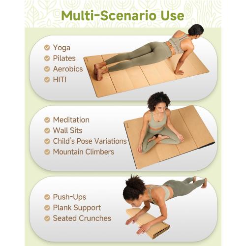 Rocalt Foldable Cork Yoga Mat, Non Slip Travel Pilates Workout Mat | 69 x 24 x 0.25 in, accordion-fold design, POE backing, carry strap for yoga, stretching and travel