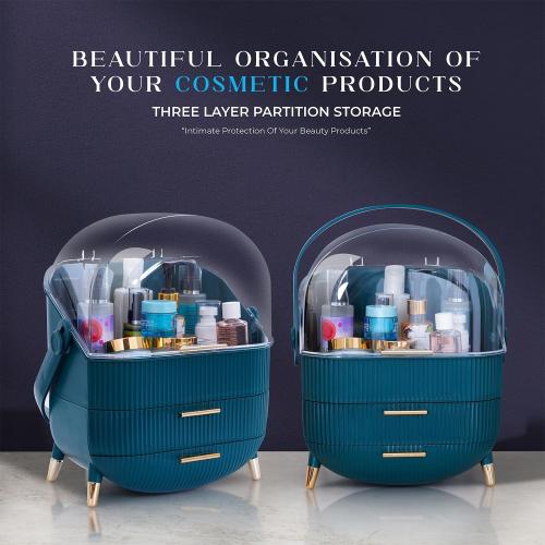 Color Green Makeup Cosmetic Organizer Box with Drawer Storage - Plastic Oval Storage Organizer with Turn Lock, Large Capacity for Women’s Skincare and Beauty Products (Green)