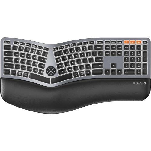 BLACK Backlit Bluetooth Ergonomic Keyboard, ProtoArc EK01 Plus Full Size Wireless Split Keyboard with Dual Bluetooth and USB, Cushioned Wrist Rest, Rechargeable for Windows/Mac/Android, Grey Black