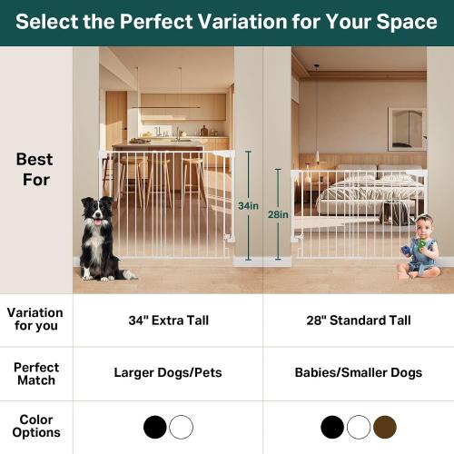 Cumbor 34 Extra Tall No Bottom Bar Baby Gate for Stairs, 29.2-43 Dog Gate | Hardware Mounted, Expandable Extra Tall Safety Gate for Larger Pets, Dual Lock Pet Proof, Easy Walk-Thru for Access (White)