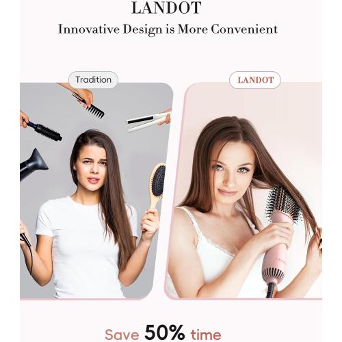 LANDOT Hair Blow Dryer Brush: One-Step Hot Air Brush with 60mm Oval Barrel - 4 in 1 HairDryer Styler and Volumizer for Drying Straightening Curling Volumizing Hair Fight Frizz and Add Volume