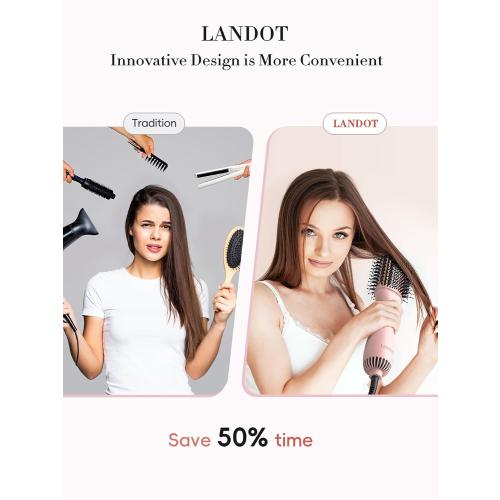 LANDOT Hair Blow Dryer Brush - One-Step Hot Air Brush for Fast Drying Smoothing Volumizing, Ionic Anti-Frizz Delivers Salon Blowout Results, 3 Heat/2 Speed Settings fit All Hair Types, Rose Gold Pink