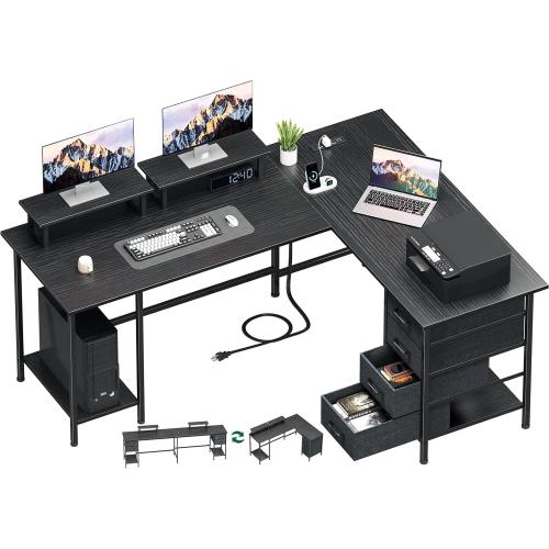Size 59 inch Color Black  L Shaped Computer Desk with Power Outlets, Home Office Desk with 4 Adjustable Storage Drawers & 2 Monitor Stands, Two Person Gaming Table for Bedroom, Black