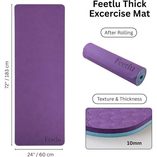 Extra Thick Yoga Mat with Carry Strap, 10mm Non-Slip Exercise Mat, 72 x 24 Inch Cushioned Workout Mat for Yoga, Pilates, Stretching & Floor Exercises