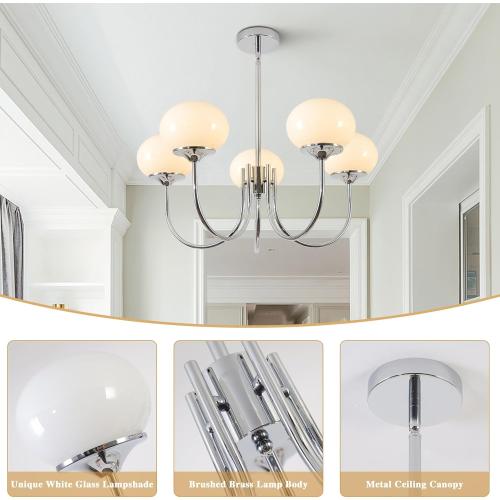 BOKT 5 Light Globe Chandelier Modern Milk Glass Chandelier Pendant Light White and Silver Vintage Semi-Flush Mount Ceiling Light for Kitchen Island Living Dining Room