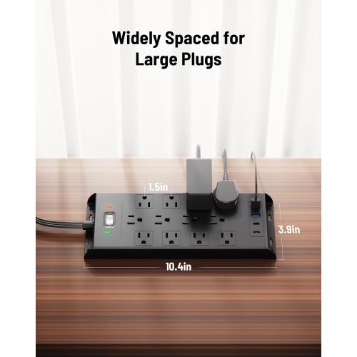 Surge Protector Power Strip 4800J, LeZone 10Ft Long Extension Cord Flat Plug, 12 Outlets 2 USB C 2 USB Ports, Wall Mountable, Desk Charging Station, Black