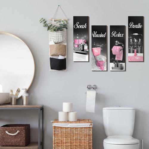 Honoson 4 Pcs Black and Pink Bathroom Decor Bathroom Picture Wall Art