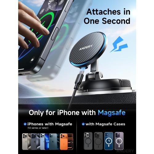 ANDERY Only for iPhone Magsafe Car Mount Charger, 15W Fast Wireless Charge | [78 LBS Strong Suction & 2400gf Magnetic] 360° Adjustable Car Mount Phone Holder, Car Interior Accessory with Dashboard Pad