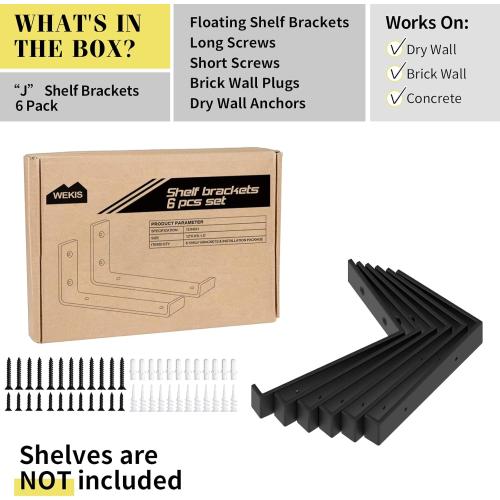 12 Inch Heavy Duty Floating Shelf Bracket, Wall Mounting Industrial Black Shelf Brackets, 1/5 Inch Thick Iron Metal Brackets for Shelves 6 Packs