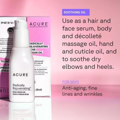 ACURE Radically Rejuvenating Rose Argan Oil - Face, Hair & Body Oil Serum Rich in Vitamin E - Lightweight, Non-Greasy, Vegan - 1 Fl Oz