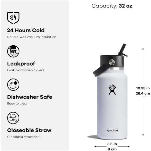 Hydro Flask Water Bottle - Insulated Stainless Steel - Wide Mouth Flex Straw Lid, Non Spill, Leakproof and Refillable in 32 Oz Polar Plunge