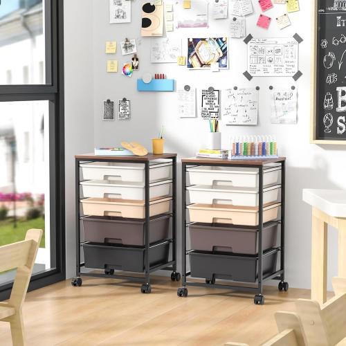 Utility Cart with 5 Drawers,Storage Drawer Cart with Wooden Tabletop and Lockable Wheels,Craft Storage Trolley Cart,5-Tier Rolling Utility Cart on Wheels,Dark Brown