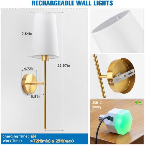 NIORSUN Gold Battery Operated Wall Sconce Set of 2,Rechargeable Wall Lights with 5200mAh Dimmable Detachable Bulbs and Remote,9 Colors Wireless Sconces for Bedroom Living Room Hallway