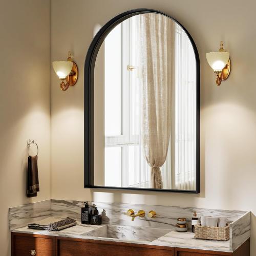 24 x 36 Luxury Arched Bathroom Mirror - Arch Wall Mirror with Shatterproof Tempered Glass and Metal Deep Frame, Hanging or Leaning for Living Room, Dresser, Entrance and Hallway, Black