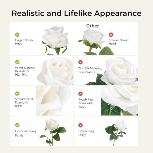 Auihiay Roses Artificial Flower - Realistic White Fake Roses for Wedding Centerpieces, Table Decor, Valentine's Day, Mother's Day, and Home Party Decorations