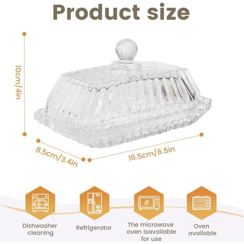 Clear Glass Butter Dish with Lid - Covered Butter Container Holder Keeper Tray Plate for Kitchen,Tabletop Countertop & Refrigerator | Safe Holds 1 Standard 4oz Butter Sticks