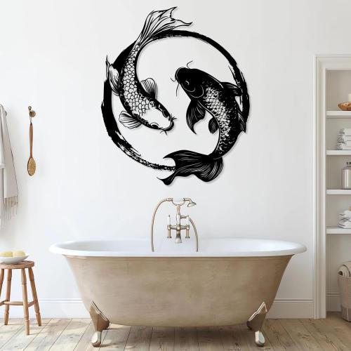 Metal Koi Fish Wall Decor, Koi Fish Metal Wall Art, Feng Shui Koi Fish, Yin Yang Wall Art, Zen Art Wall Decor, Feng Shui Home Design, Spiritual Metal Sign, Bathroom Wall Decor (Gold, 30x35|75x90cm)