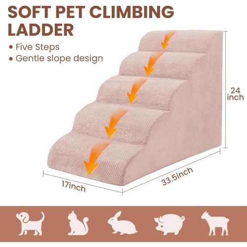 Pink 5 Steps Dog Stairs for Bed, Dog Steps for High Bed, High Density Pet Steps for Small Dogs, Extra Wide Non-Slip Dogs Ramp for Injured, Older Pets, Small Cats, Pink