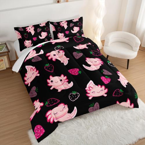 Cute Axolotl Bedding Set Twin Size,Pink Axolotl Strawberry Printed Comforter Sets Aesthetic Bedding for Kids Girls,Beach Coastal Animal Themed Comforter Sets with 2 Pillowcases.
