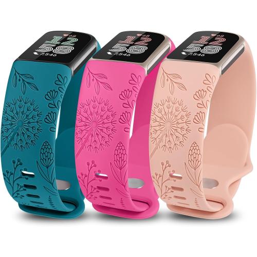 Minyee 3 Packs Floral Engraved Band Compatible with Fitbit Charge 6 Bands/Fitbit Charge 5 Bands Women, Cute Soft Silicone Dandelion Flower Pattern Sport Designer Fancy Summer Strap for Charge 6/5