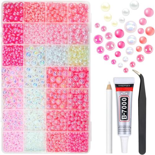 qiipii 28 Types Pink Flatback Pearls w B7000 Jewelry Glue for Bedazzling Crafting 3mm 4mm 5mm 6mm 8mm 10mm Flatback Colorful Pink AB Half Pearls Charms for Face Eyes Makeup DIY Crafts Tumblers Bottles