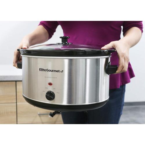 Elite Gourmet Stainless Steel Slow Cooker, Dishwasher-Safe with Tempered Glass Lid, Cool-Touch Handles, Removable Stoneware Pot, 8.5 Quart,MST-900V