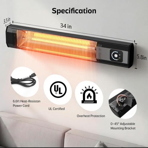 Wall-Mounted Electric Patio Heater, 34 1500W Infrared Heater With Motion Sensor, IPX5 Waterproof, 9 Heat Level & 9H Timer, Indoor & Outdoor Heaters for Patio, Backyard, Garage, and Decks