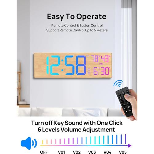 MASHI 18.5 Large Digital Wall Clock with Remote Control, Dual Alarm with Big LED Screen Dispaly,10 Adjustable Brightness, DST, Date Week,Temp for Living Room, Bedroom, Gifts for Elderly (Bamboo)