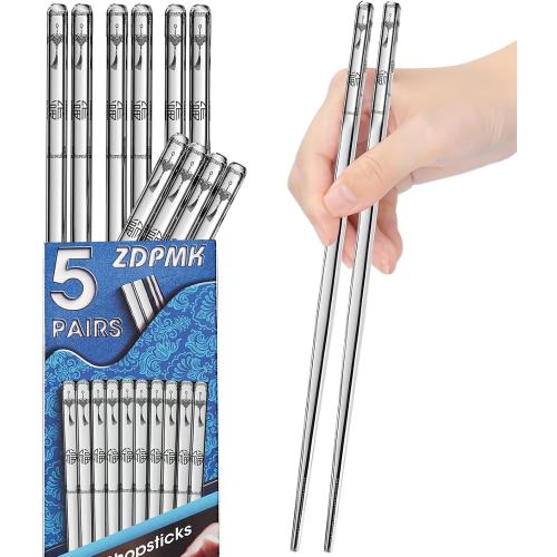Stainless Steel Chopsticks - 5 Pairs Reusable Metal Chopsticks Dishwasher Safe, Japanese Chinese korean Chop sticks Set,Non-Slip Stainless Chop sticks, Silver Metal Chop sticks for Adults