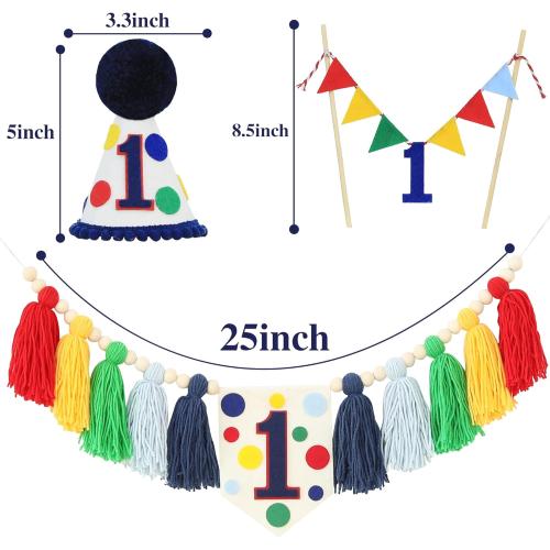 Colourful Rainbow Dot 1st High Chair Banner Conical Cap Primary Colors Cake Topper for Boys Girls Birthday Party Decorations