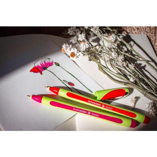 Schneider Xpress Premium Fineliner, 0.8 mm Porous Point, Light Green Barrel, Red Ink, Box of 10 Pens (190002)